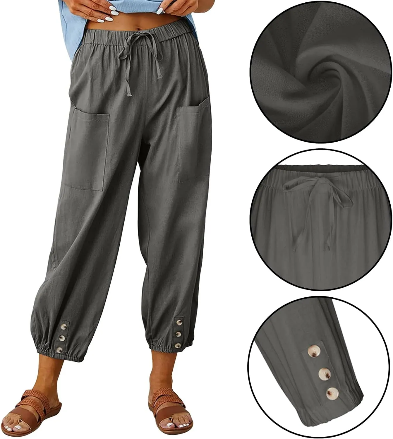 Women's High Waist Pants Drawstring Capri Pants with Pockets Wide Leg Cropped Pants for Women