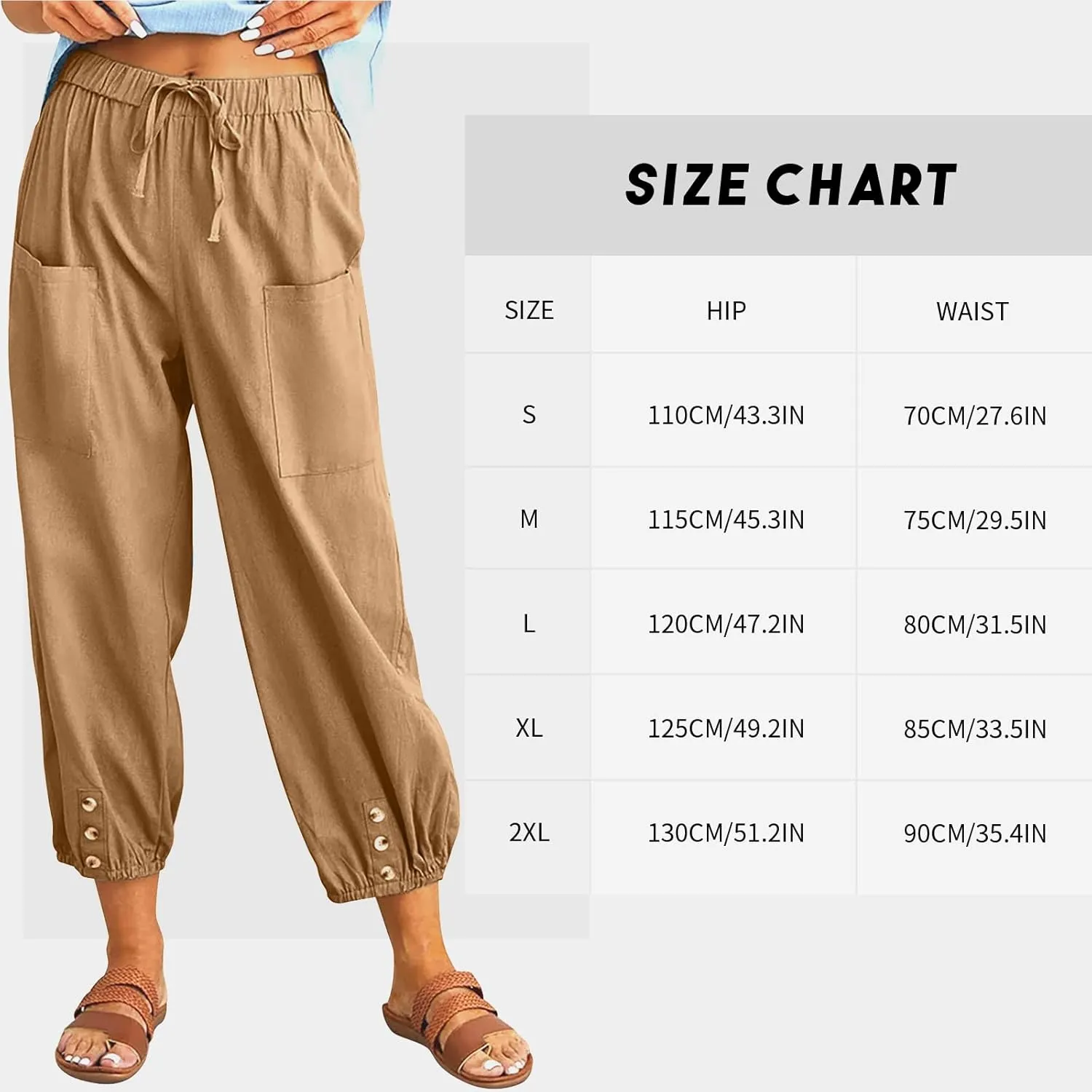 Women's High Waist Pants Drawstring Capri Pants with Pockets Wide Leg Cropped Pants for Women