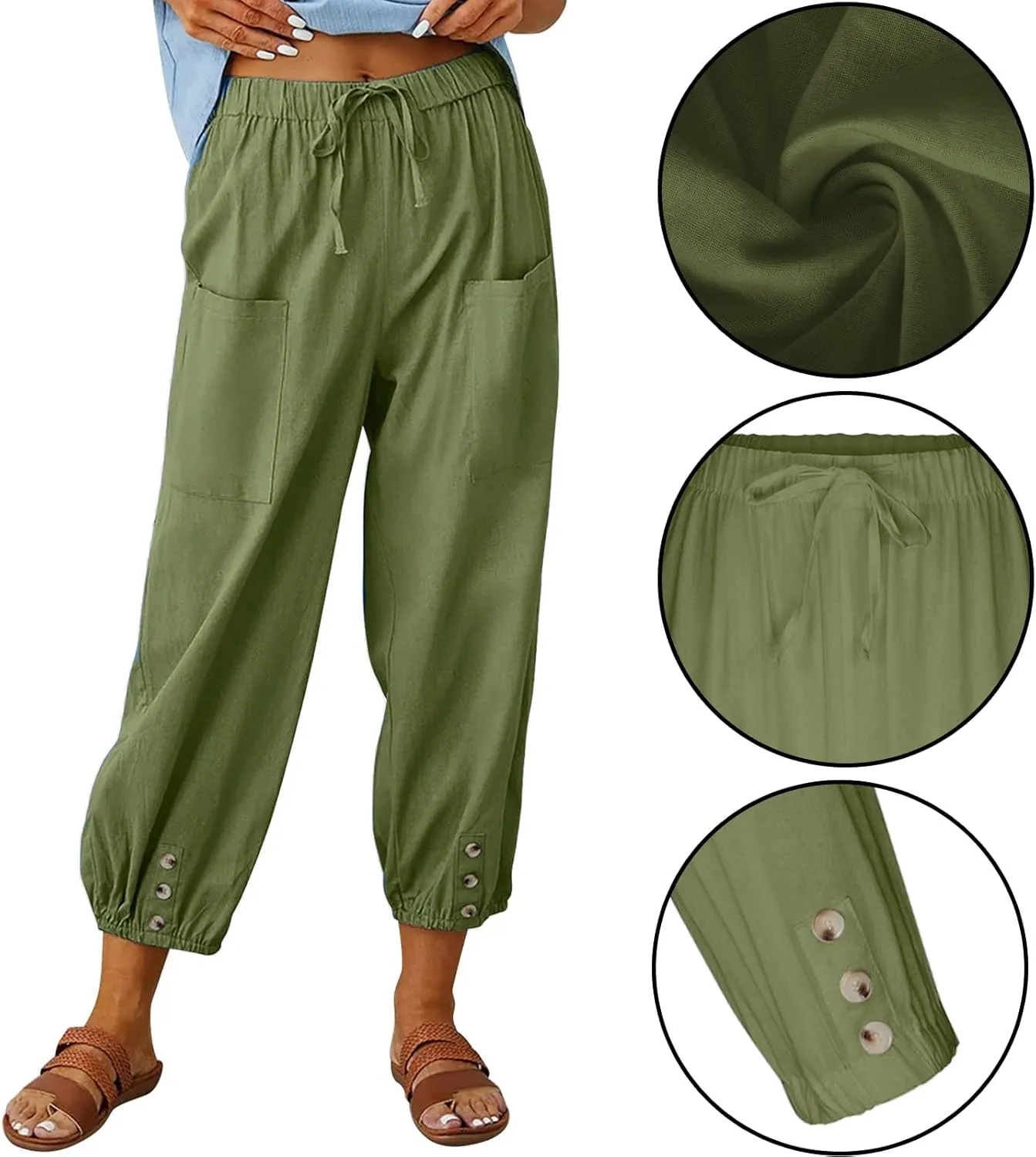 Women's High Waist Pants Drawstring Capri Pants with Pockets Wide Leg Cropped Pants for Women