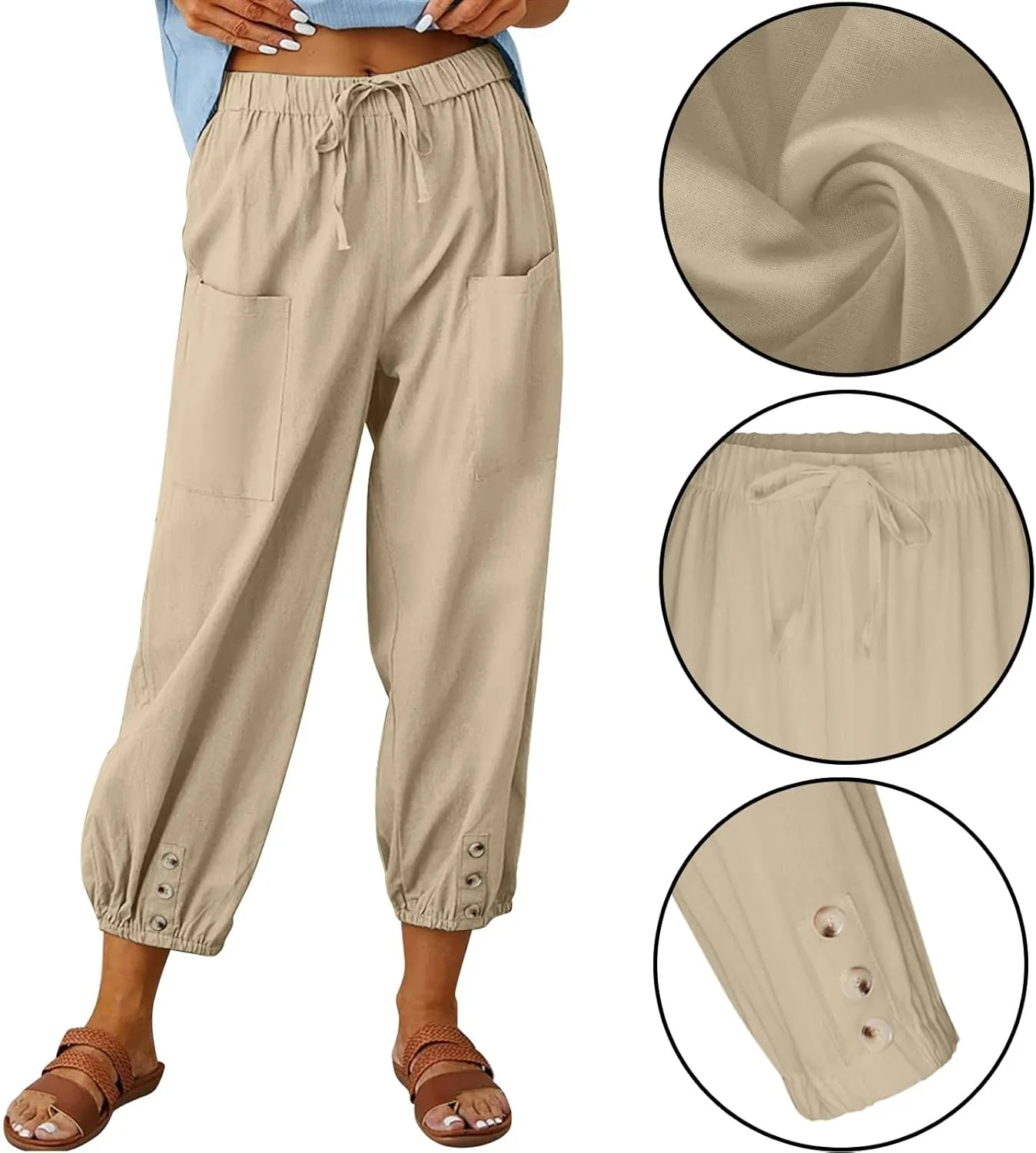Women's High Waist Pants Drawstring Capri Pants with Pockets Wide Leg Cropped Pants for Women