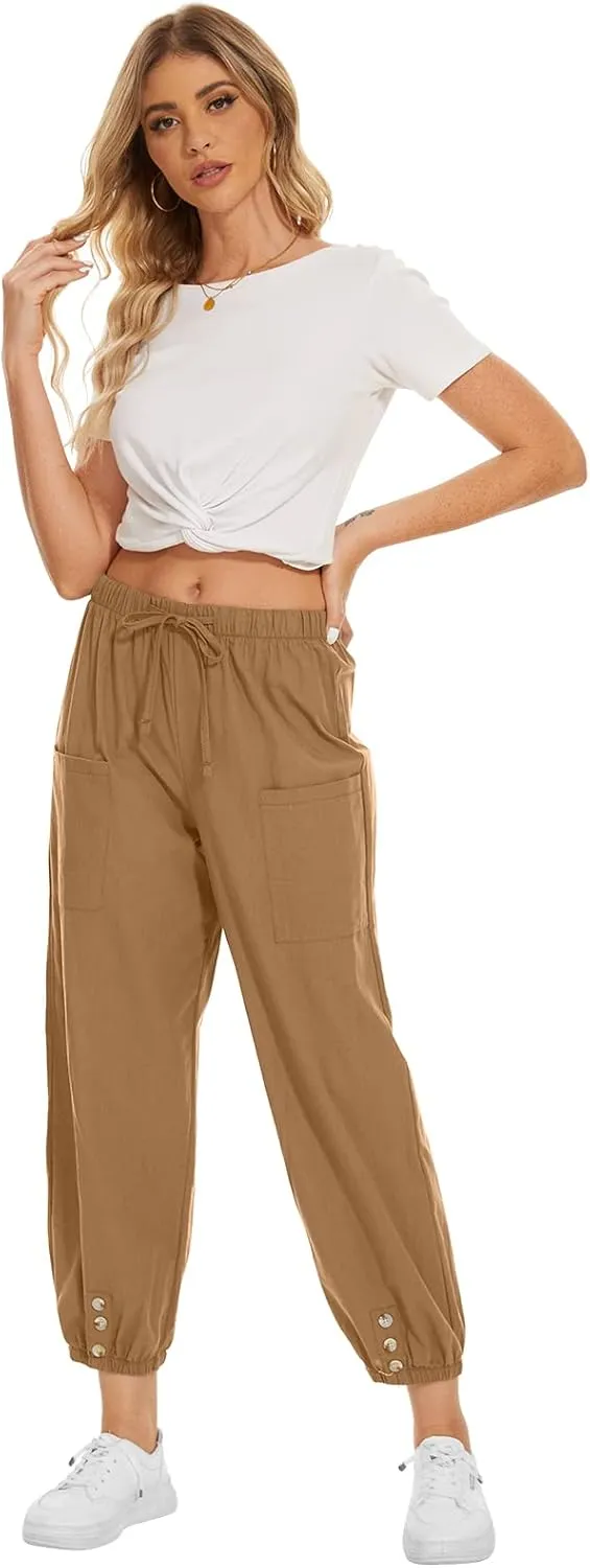 Women's High Waist Pants Drawstring Capri Pants with Pockets Wide Leg Cropped Pants for Women