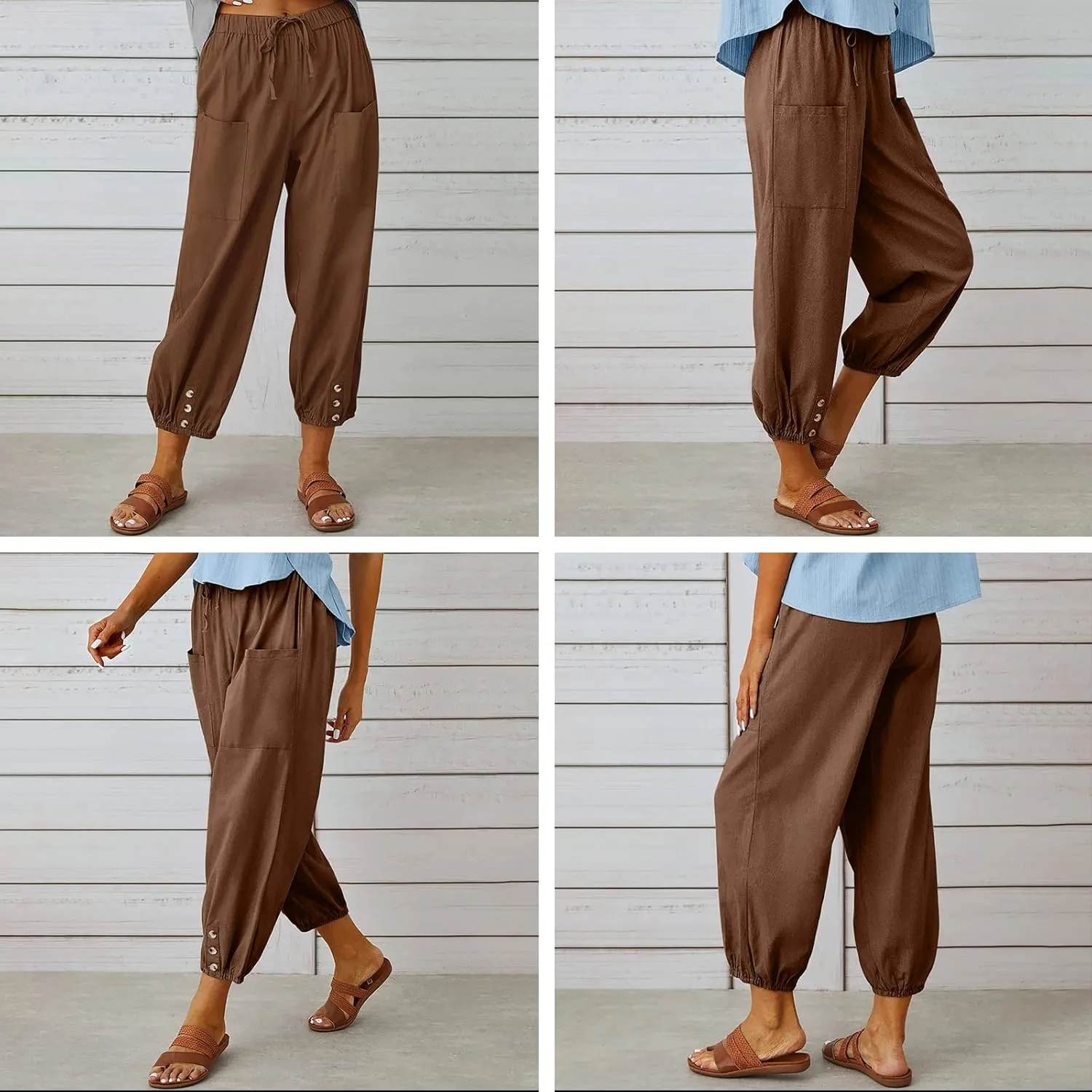 Women's High Waist Pants Drawstring Capri Pants with Pockets Wide Leg Cropped Pants for Women