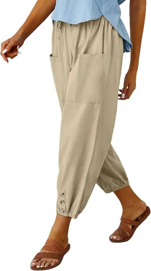 Women's High Waist Pants Drawstring Capri Pants with Pockets Wide Leg Cropped Pants for Women
