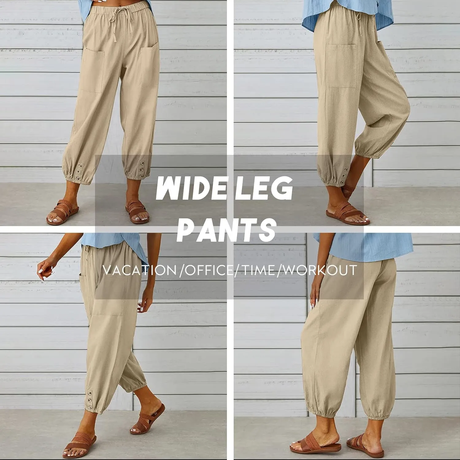 Women's High Waist Pants Drawstring Capri Pants with Pockets Wide Leg Cropped Pants for Women