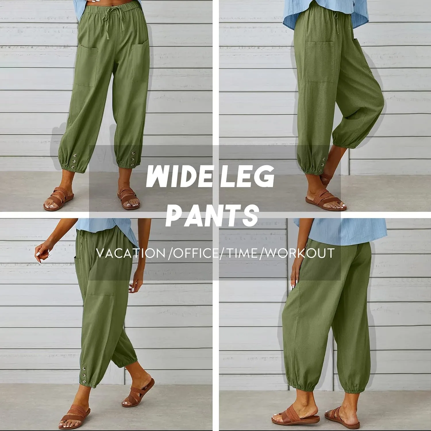 Women's High Waist Pants Drawstring Capri Pants with Pockets Wide Leg Cropped Pants for Women