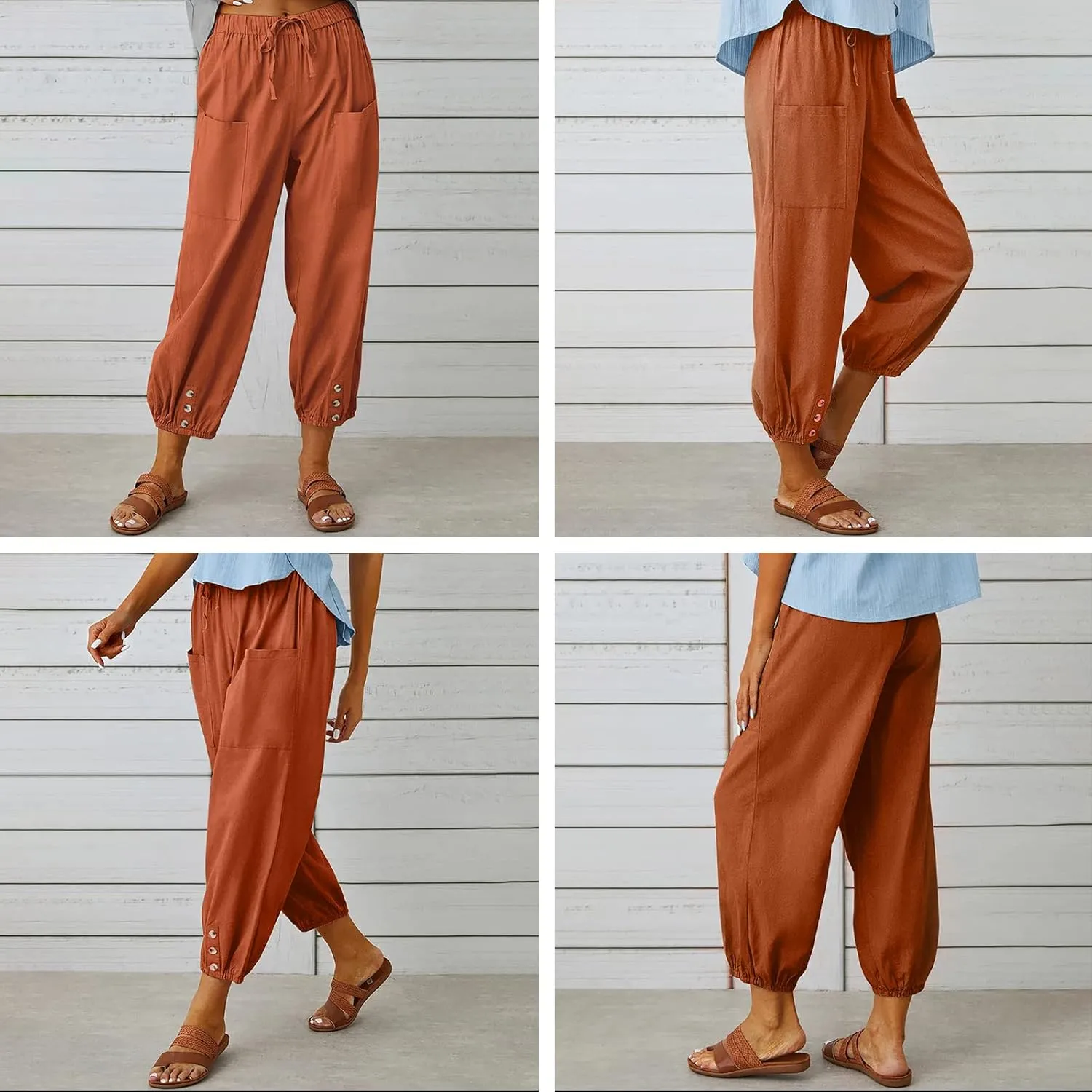 Women's High Waist Pants Drawstring Capri Pants with Pockets Wide Leg Cropped Pants for Women