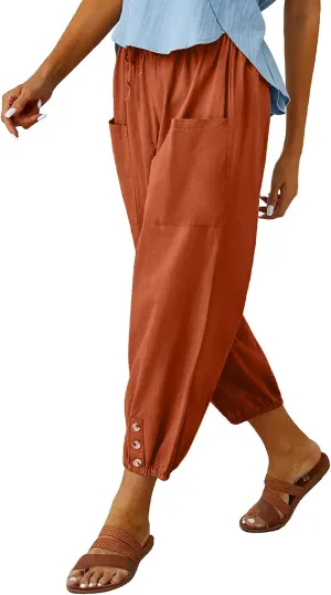 Women's High Waist Pants Drawstring Capri Pants with Pockets Wide Leg Cropped Pants for Women