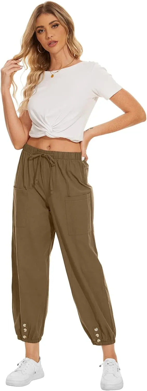 Women's High Waist Pants Drawstring Capri Pants with Pockets Wide Leg Cropped Pants for Women