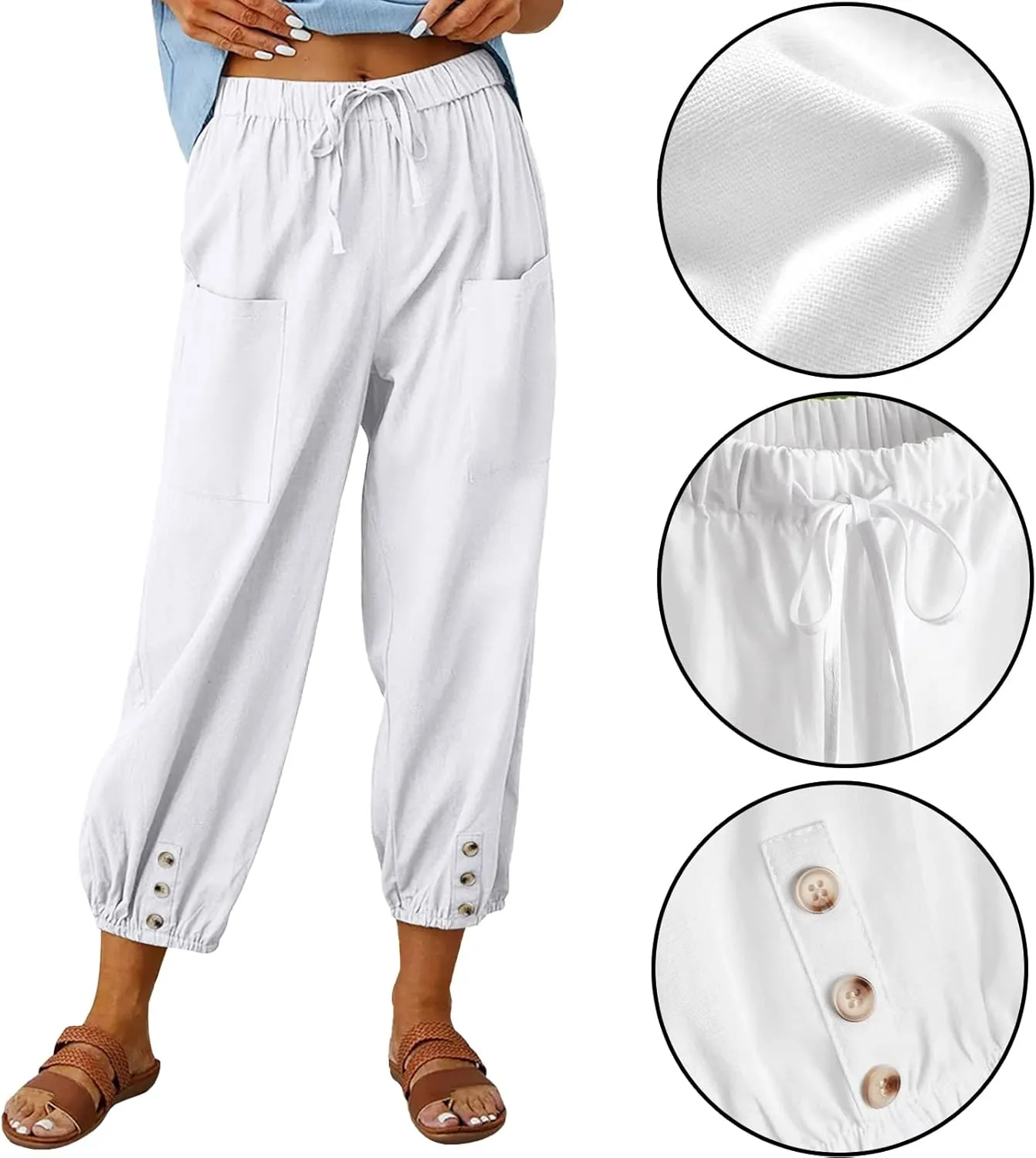 Women's High Waist Pants Drawstring Capri Pants with Pockets Wide Leg Cropped Pants for Women