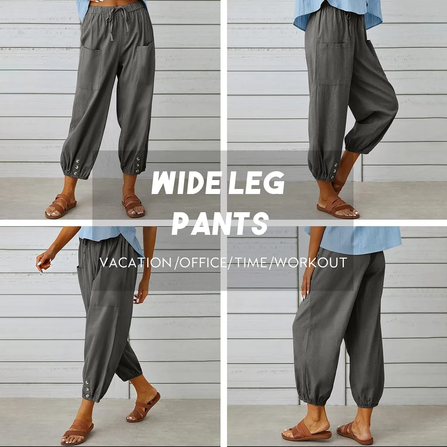 Women's High Waist Pants Drawstring Capri Pants with Pockets Wide Leg Cropped Pants for Women