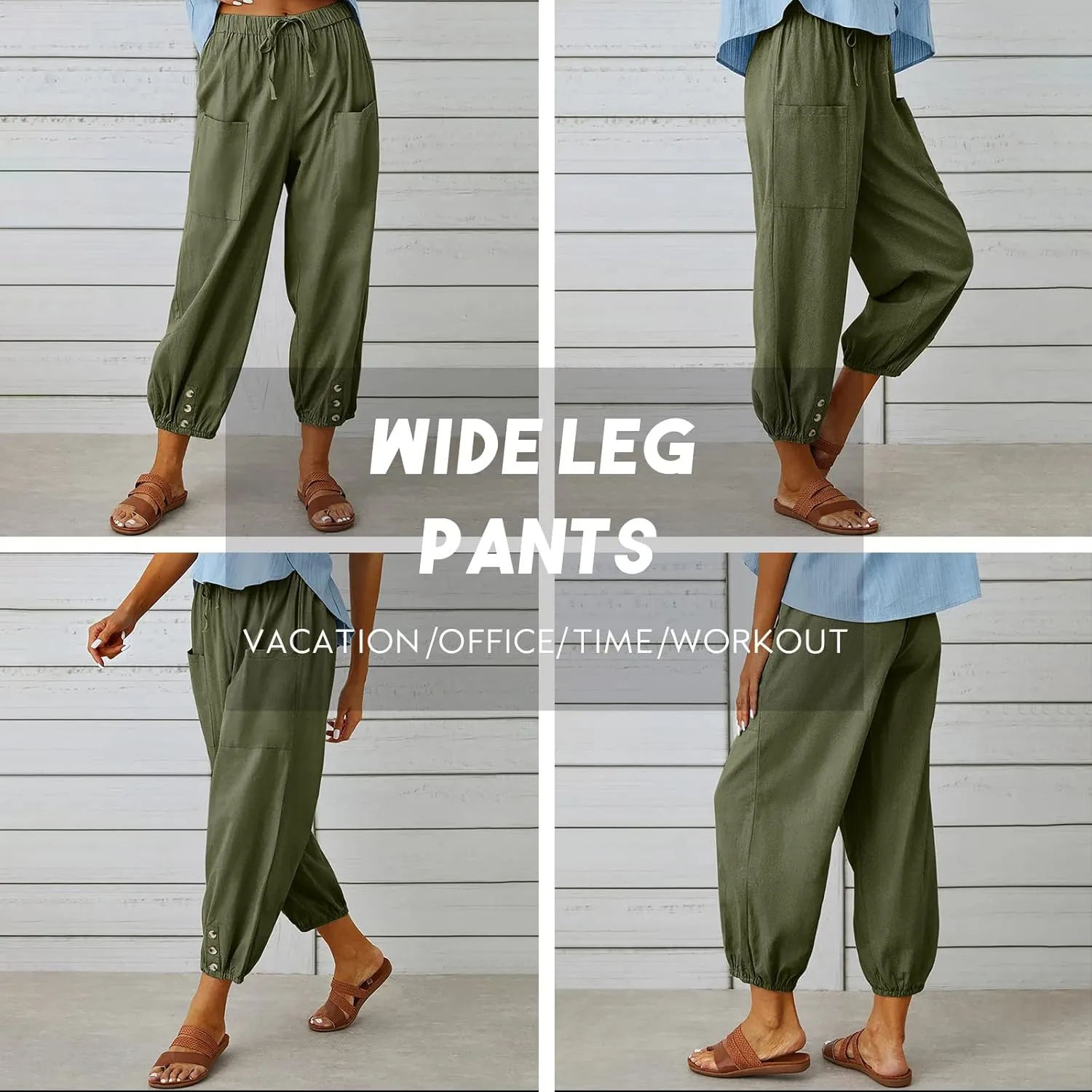 Women's High Waist Pants Drawstring Capri Pants with Pockets Wide Leg Cropped Pants for Women