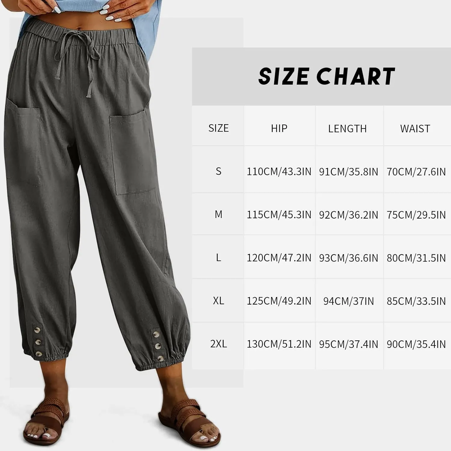 Women's High Waist Pants Drawstring Capri Pants with Pockets Wide Leg Cropped Pants for Women