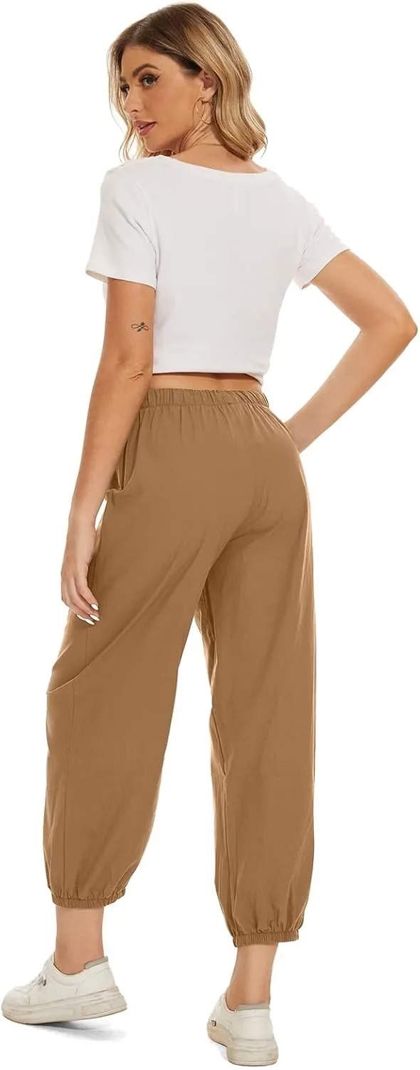 Women's High Waist Pants Drawstring Capri Pants with Pockets Wide Leg Cropped Pants for Women