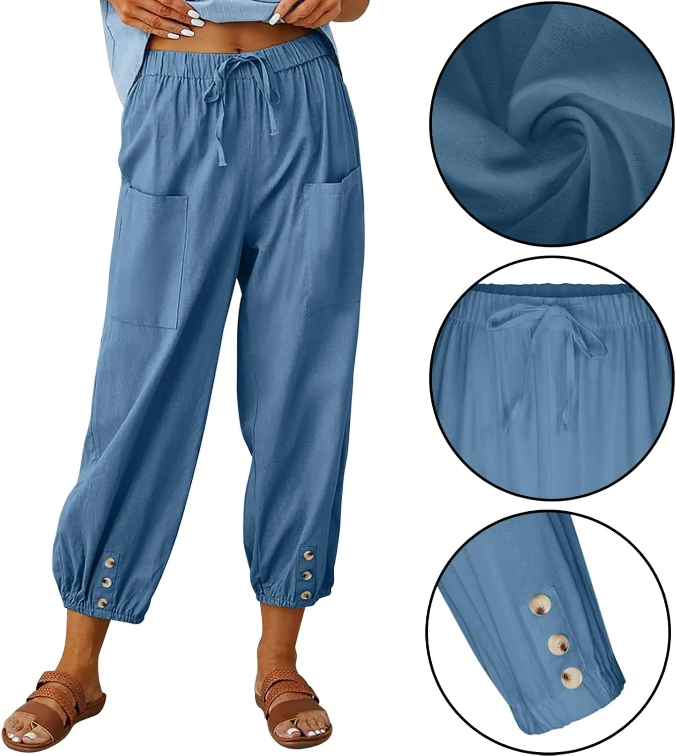 Women's High Waist Pants Drawstring Capri Pants with Pockets Wide Leg Cropped Pants for Women