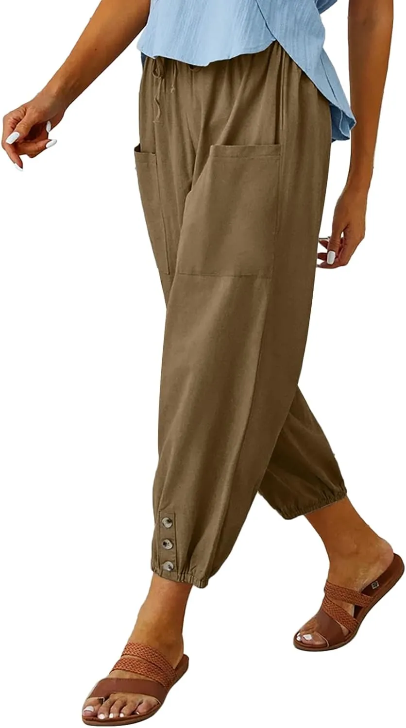 Women's High Waist Pants Drawstring Capri Pants with Pockets Wide Leg Cropped Pants for Women