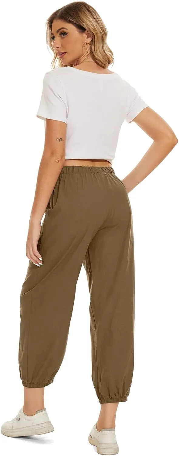 Women's High Waist Pants Drawstring Capri Pants with Pockets Wide Leg Cropped Pants for Women