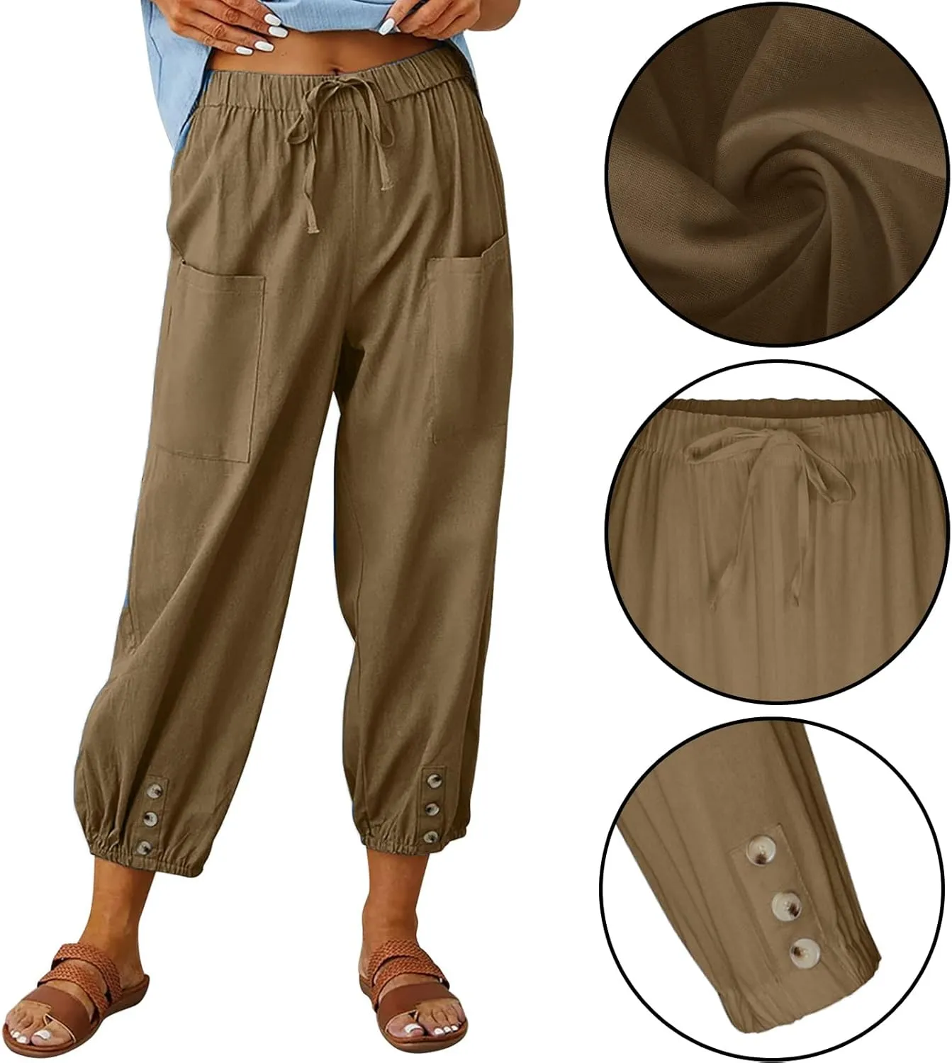 Women's High Waist Pants Drawstring Capri Pants with Pockets Wide Leg Cropped Pants for Women