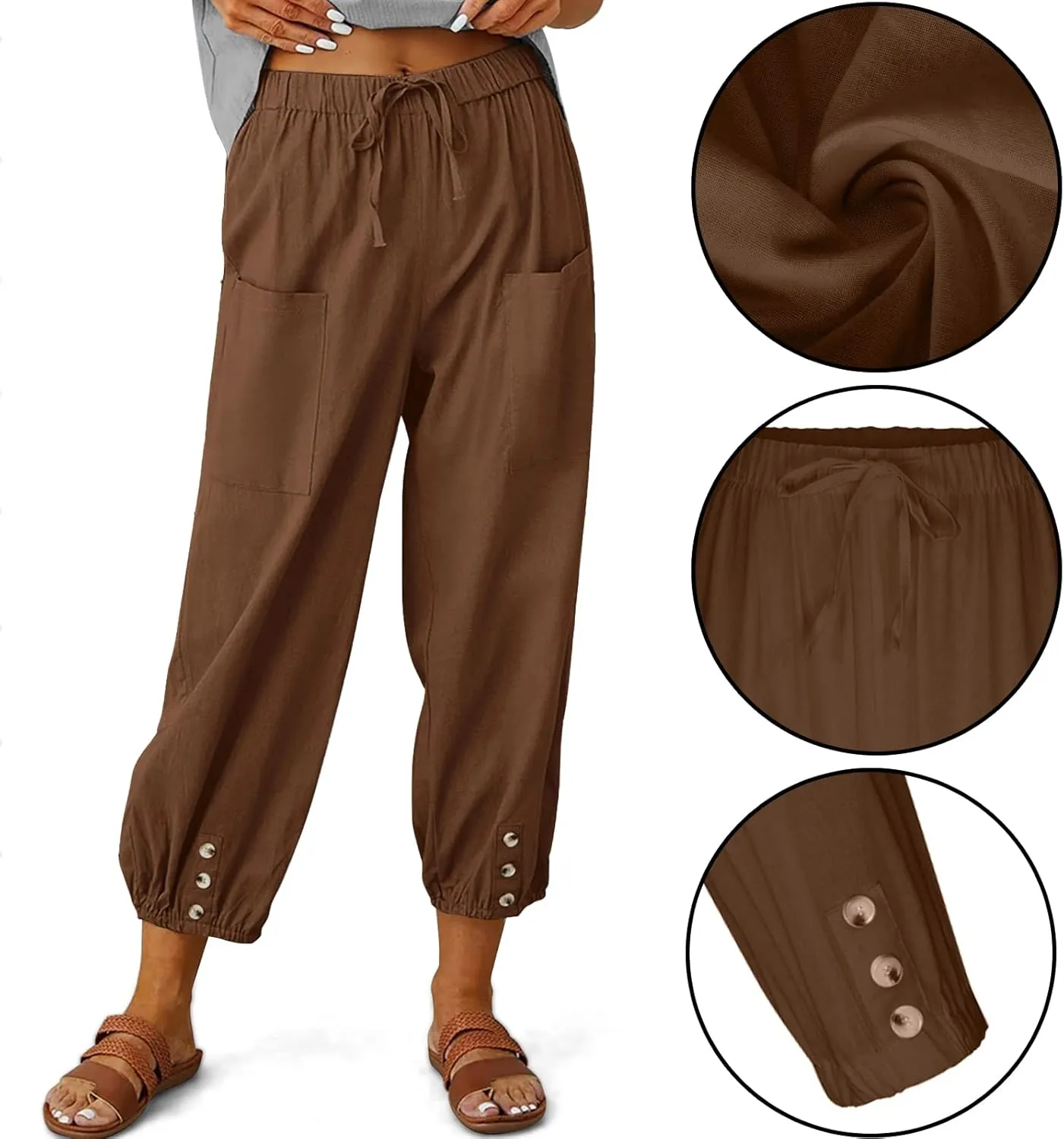 Women's High Waist Pants Drawstring Capri Pants with Pockets Wide Leg Cropped Pants for Women