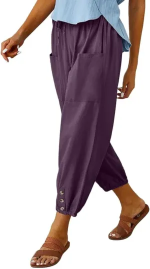 Women's High Waist Pants Drawstring Capri Pants with Pockets Wide Leg Cropped Pants for Women
