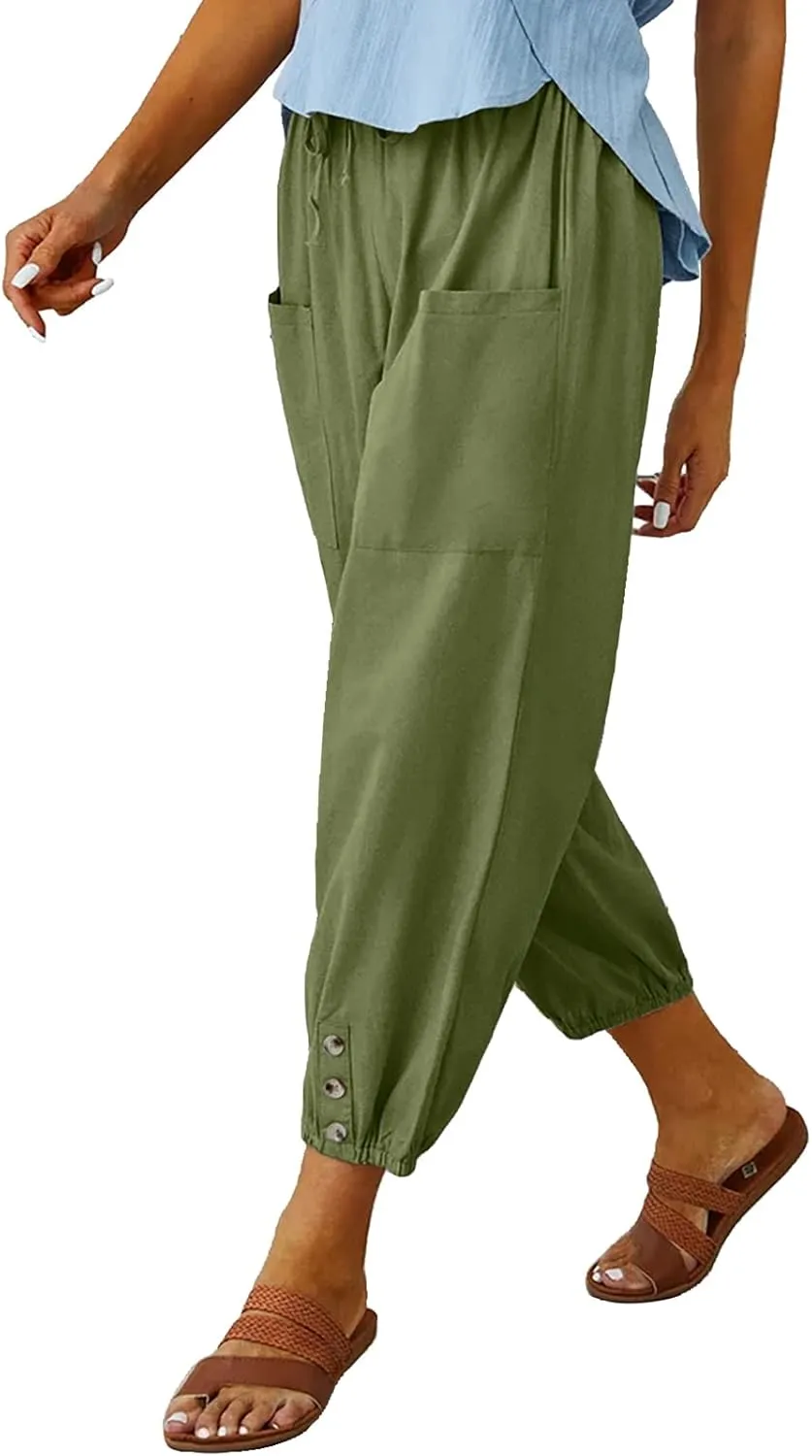Women's High Waist Pants Drawstring Capri Pants with Pockets Wide Leg Cropped Pants for Women