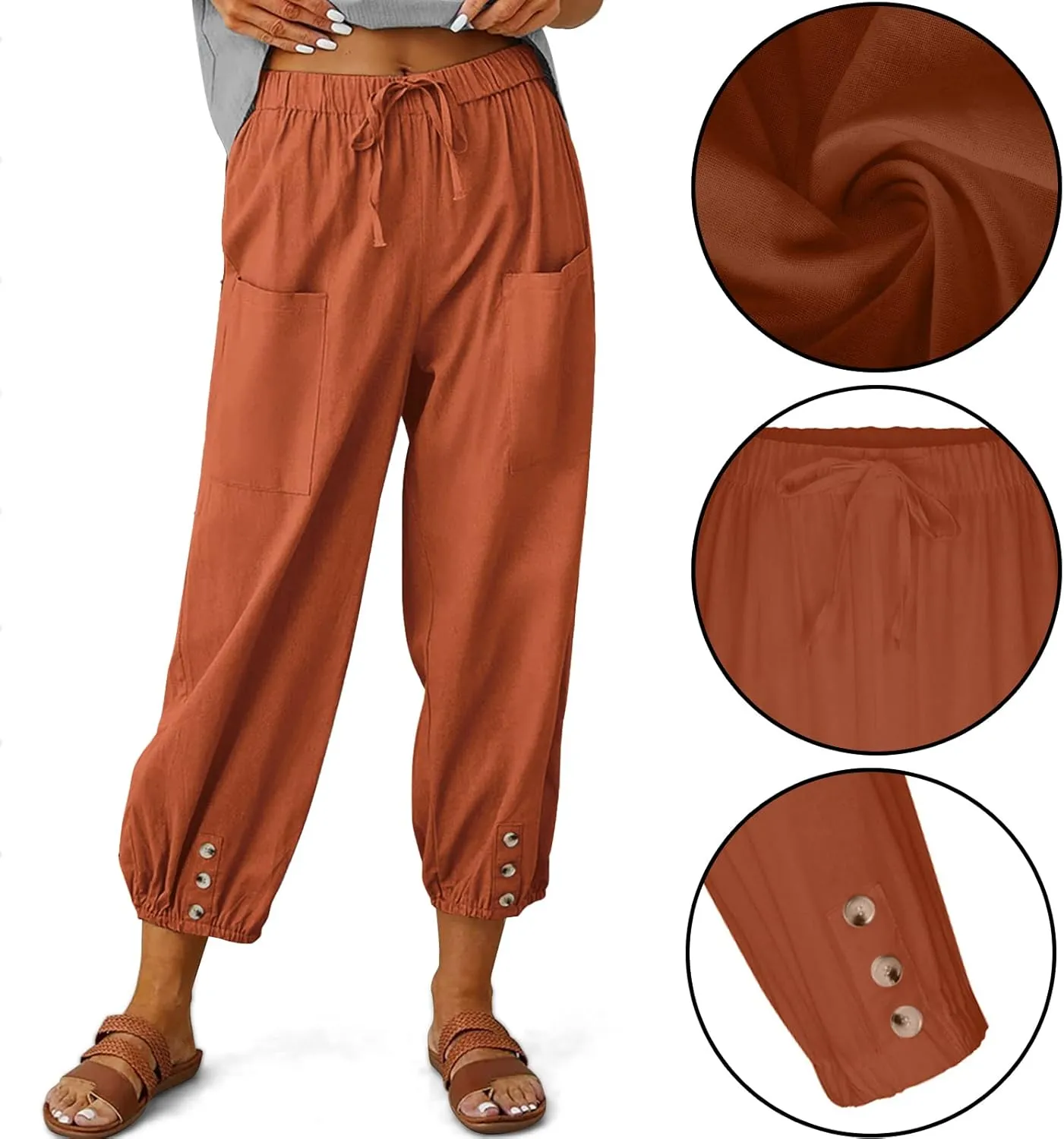 Women's High Waist Pants Drawstring Capri Pants with Pockets Wide Leg Cropped Pants for Women