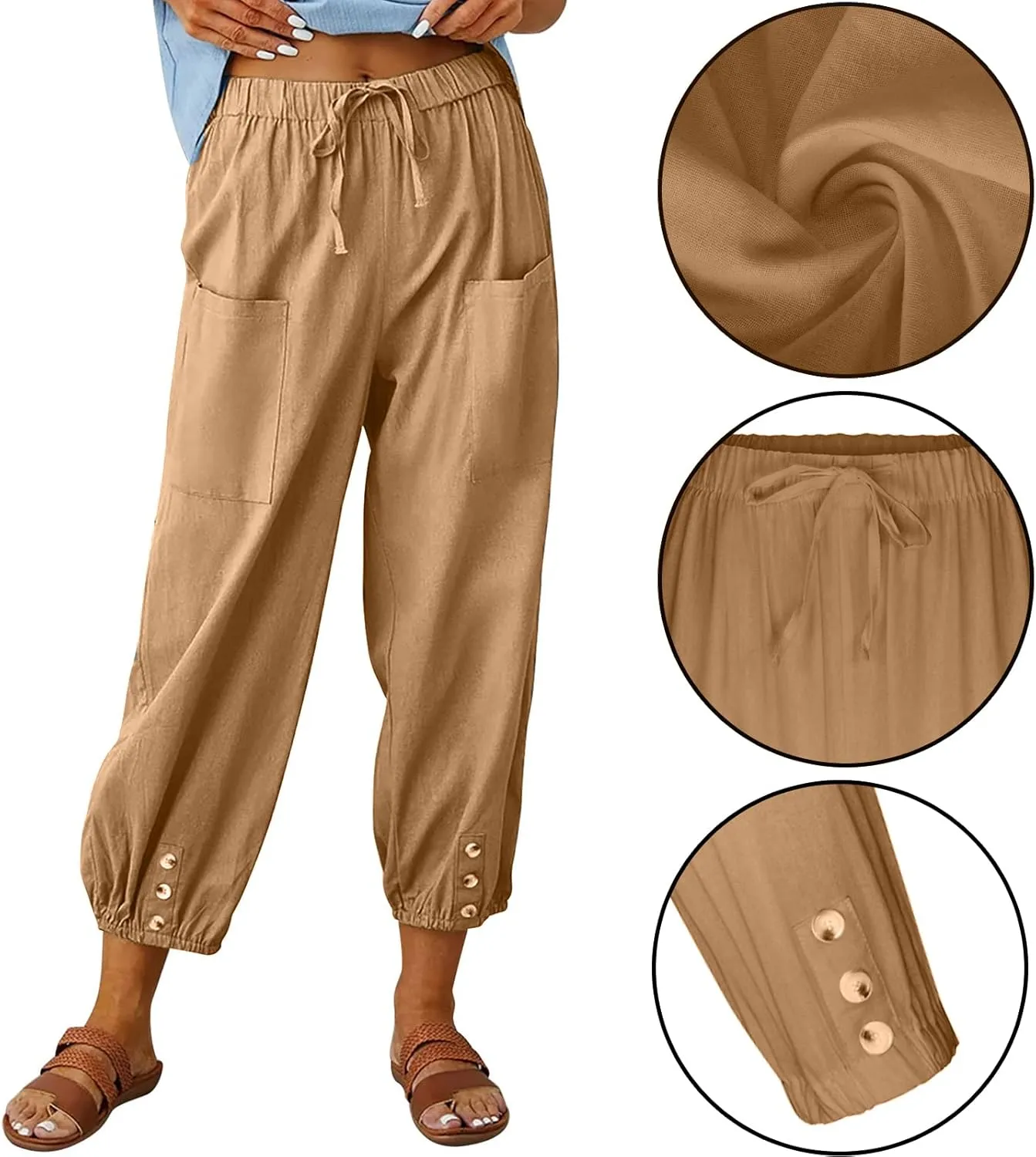 Women's High Waist Pants Drawstring Capri Pants with Pockets Wide Leg Cropped Pants for Women