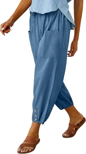 Women's High Waist Pants Drawstring Capri Pants with Pockets Wide Leg Cropped Pants for Women