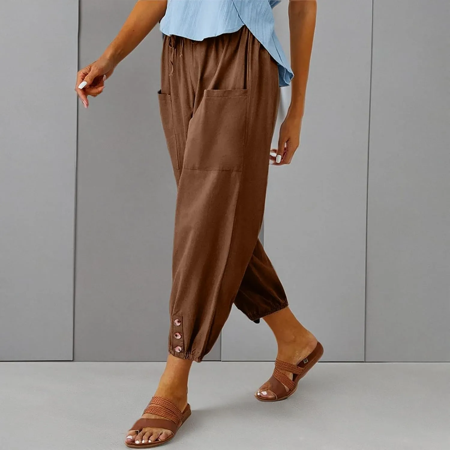 Women's High Waist Pants Drawstring Capri Pants with Pockets Wide Leg Cropped Pants for Women