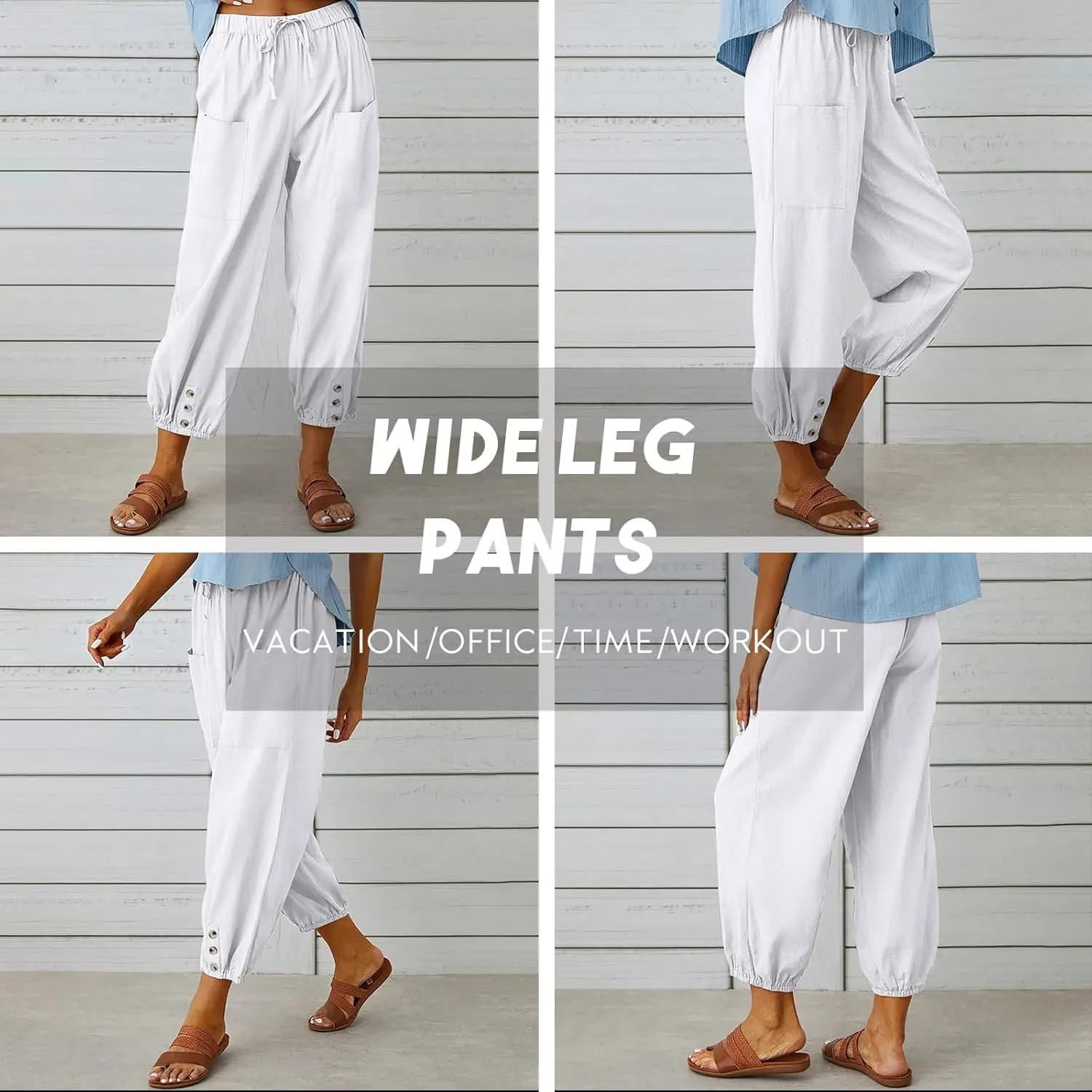 Women's High Waist Pants Drawstring Capri Pants with Pockets Wide Leg Cropped Pants for Women
