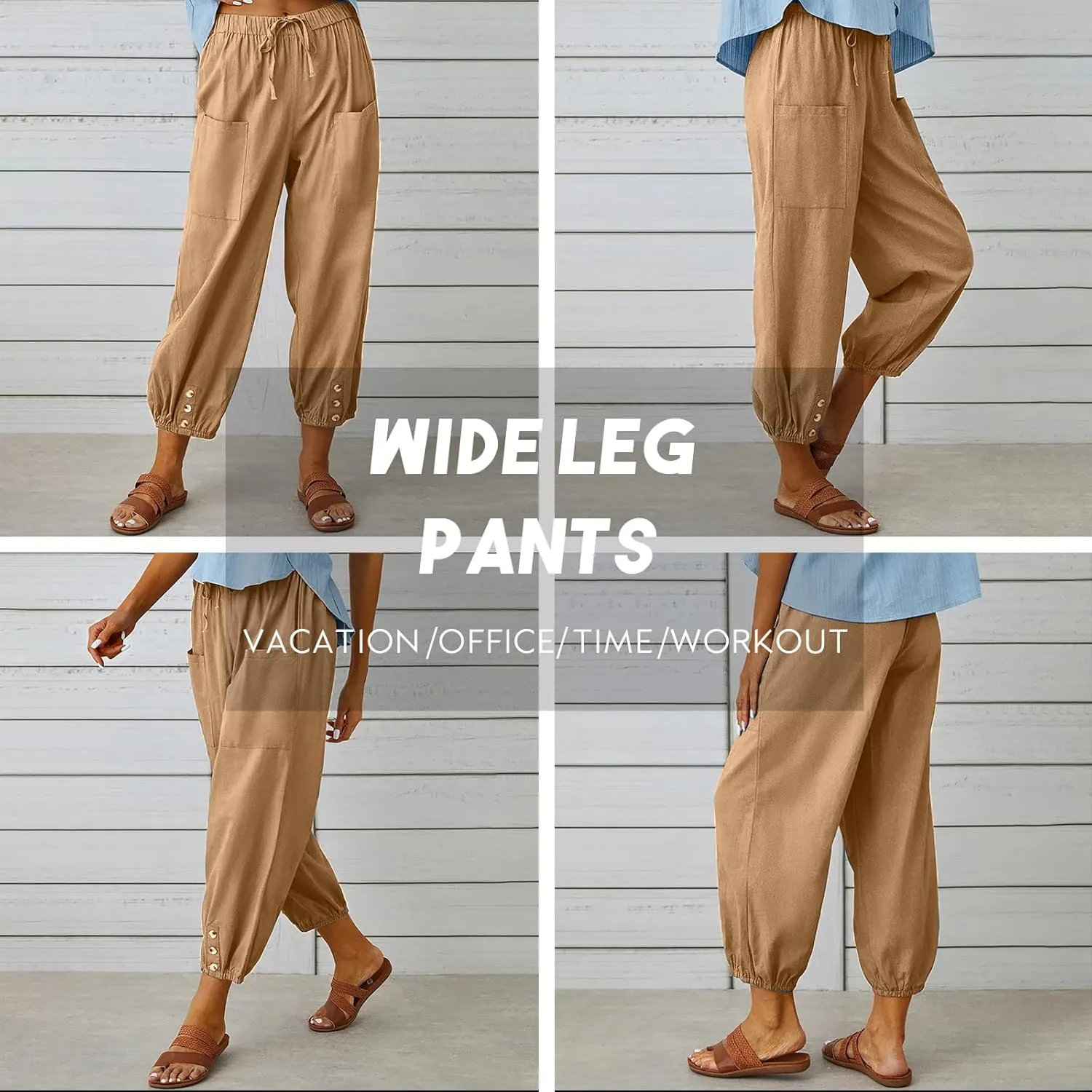 Women's High Waist Pants Drawstring Capri Pants with Pockets Wide Leg Cropped Pants for Women