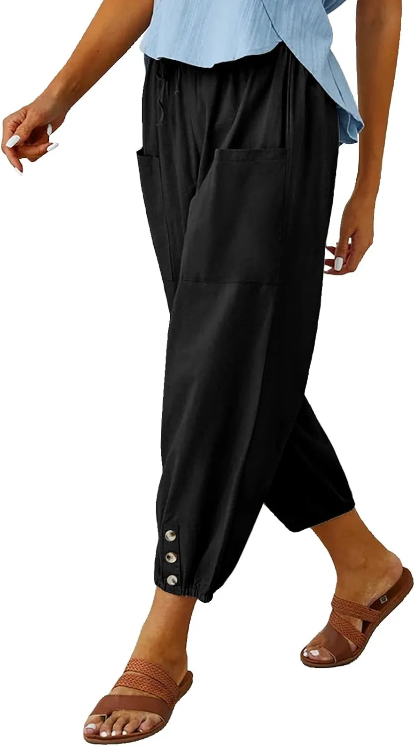Women's High Waist Pants Drawstring Capri Pants with Pockets Wide Leg Cropped Pants for Women