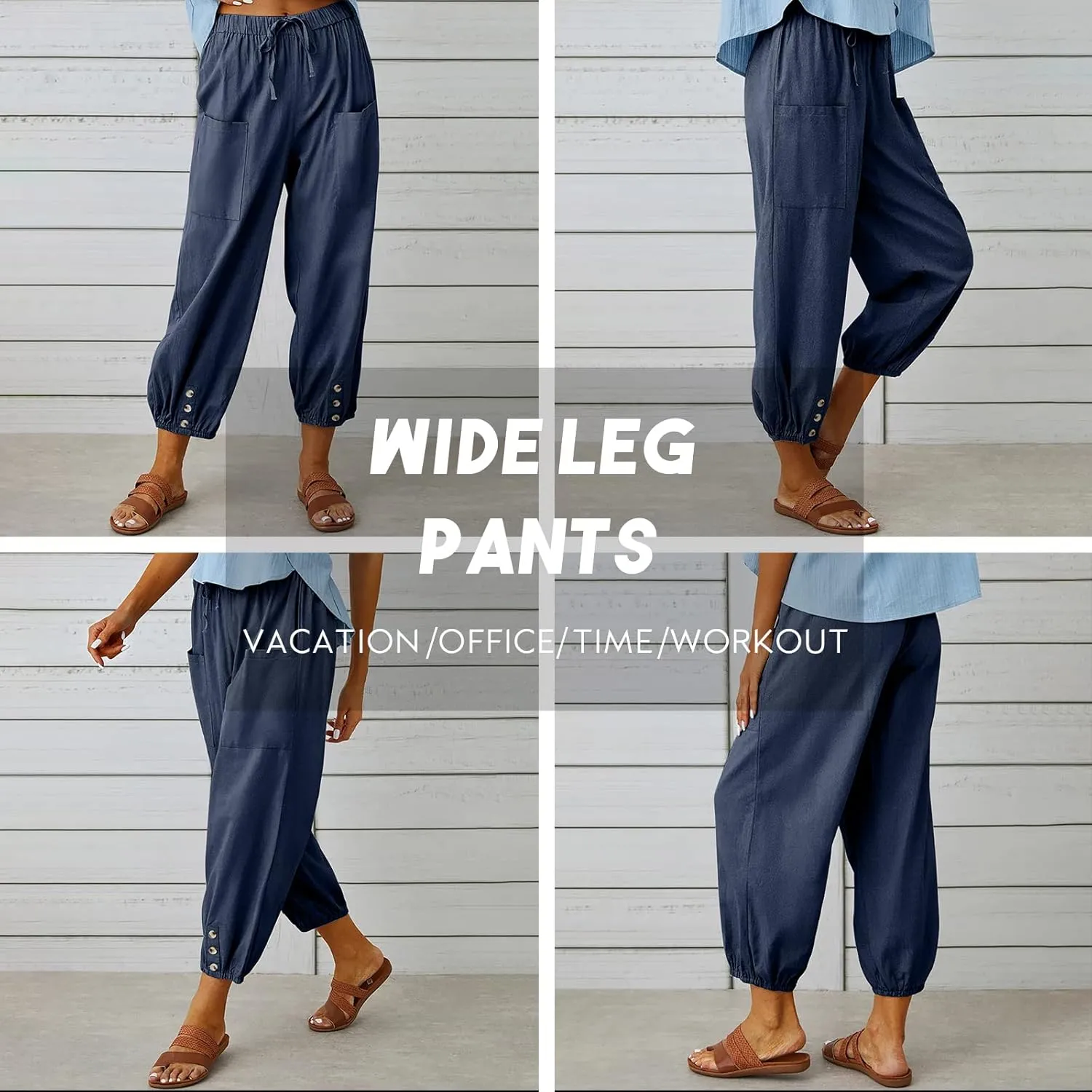 Women's High Waist Pants Drawstring Capri Pants with Pockets Wide Leg Cropped Pants for Women