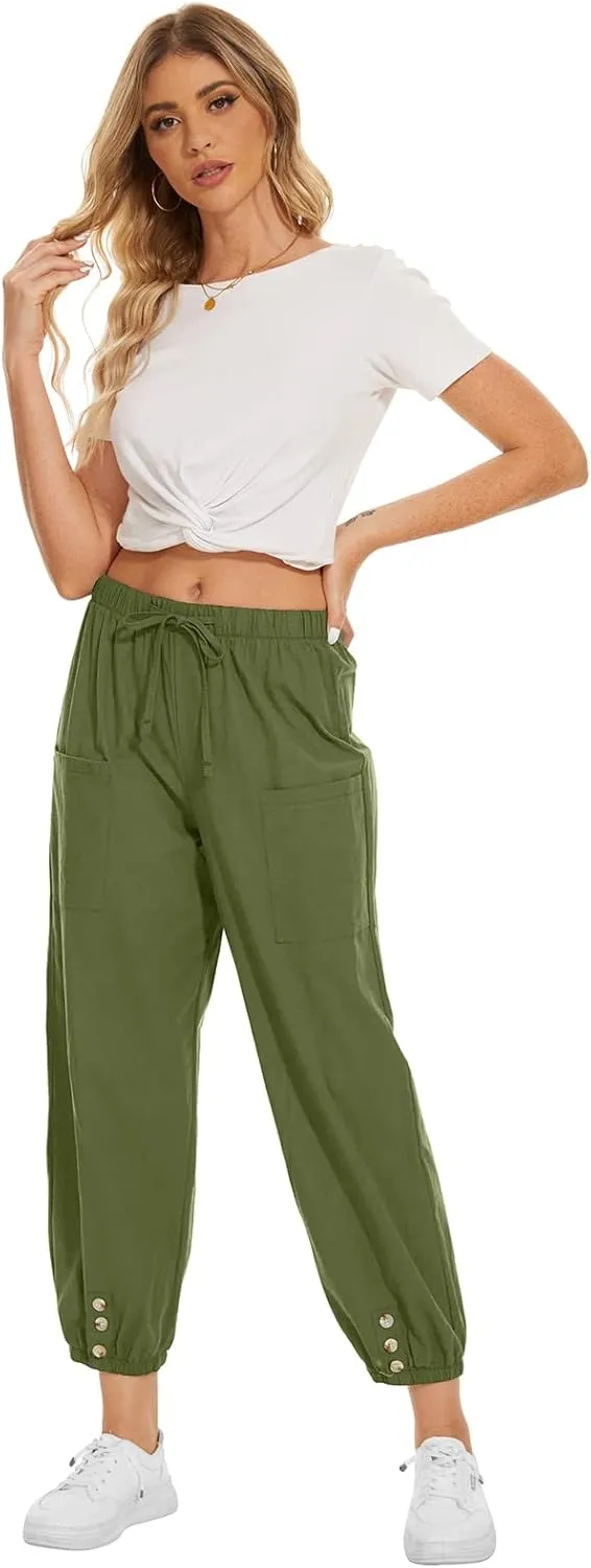 Women's High Waist Pants Drawstring Capri Pants with Pockets Wide Leg Cropped Pants for Women