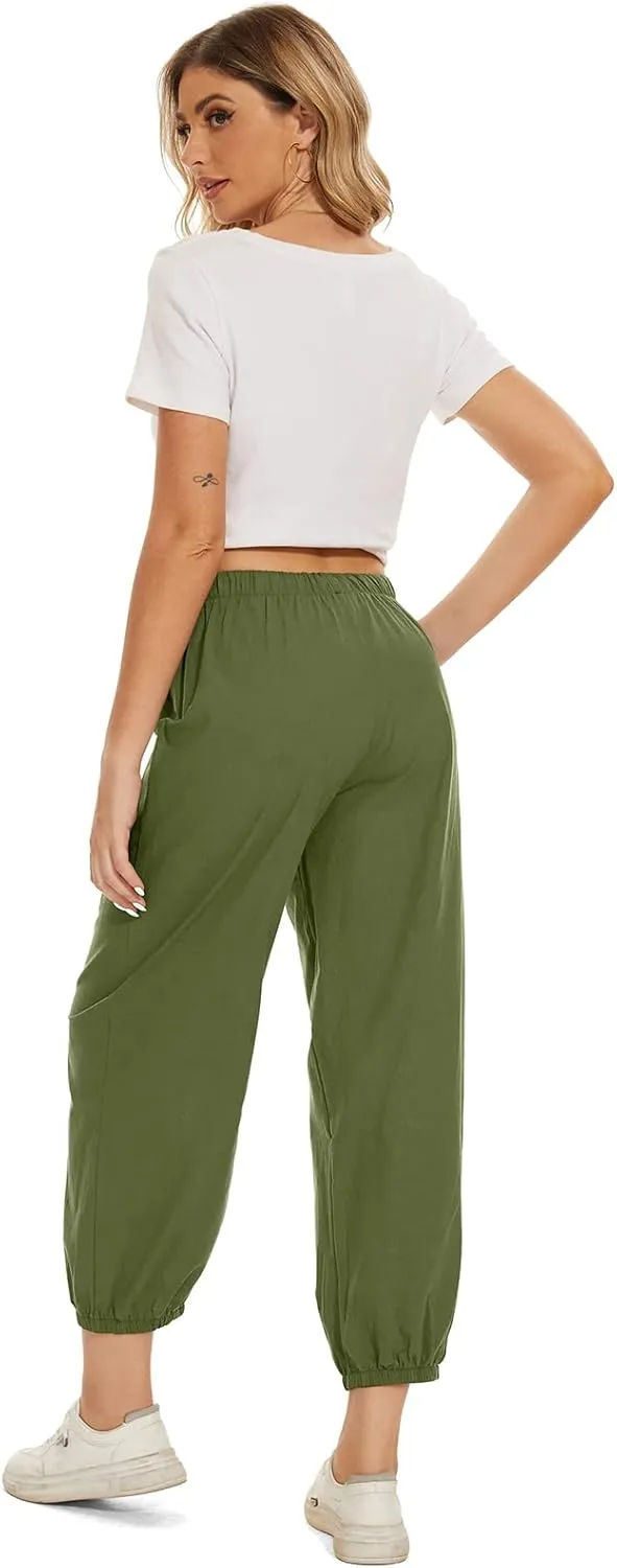 Women's High Waist Pants Drawstring Capri Pants with Pockets Wide Leg Cropped Pants for Women