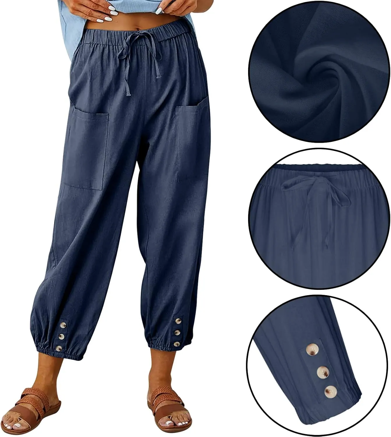 Women's High Waist Pants Drawstring Capri Pants with Pockets Wide Leg Cropped Pants for Women
