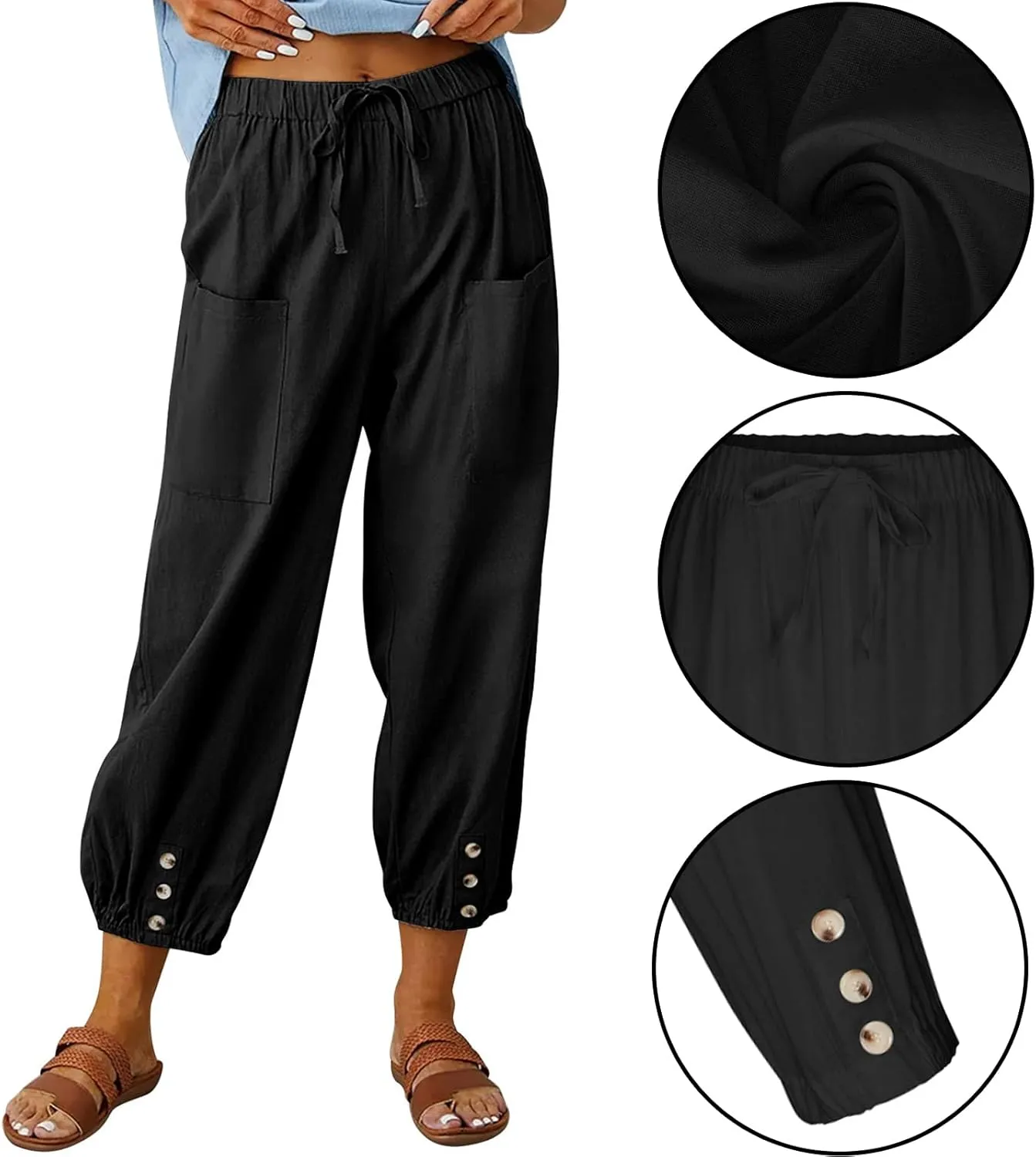 Women's High Waist Pants Drawstring Capri Pants with Pockets Wide Leg Cropped Pants for Women