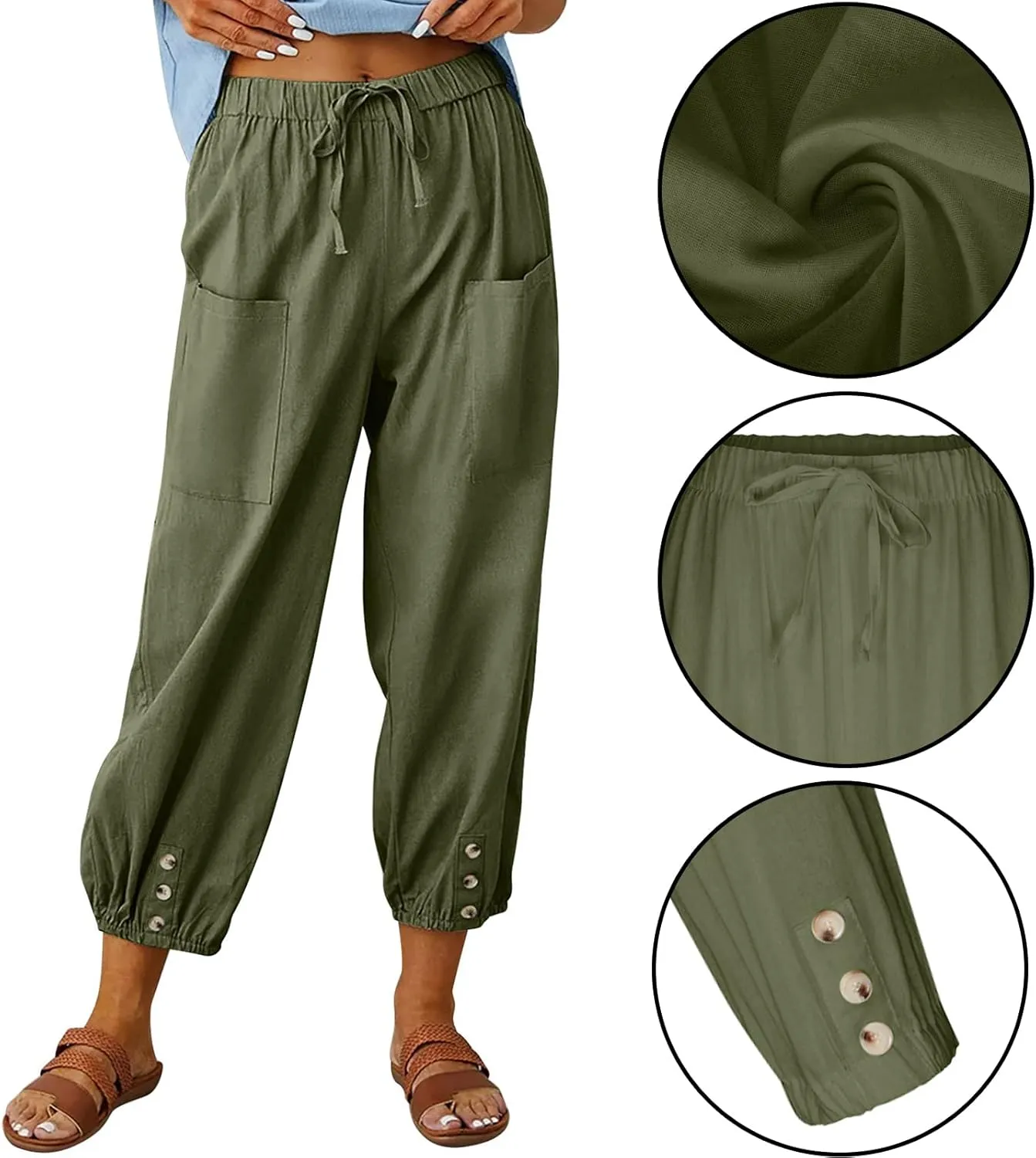 Women's High Waist Pants Drawstring Capri Pants with Pockets Wide Leg Cropped Pants for Women
