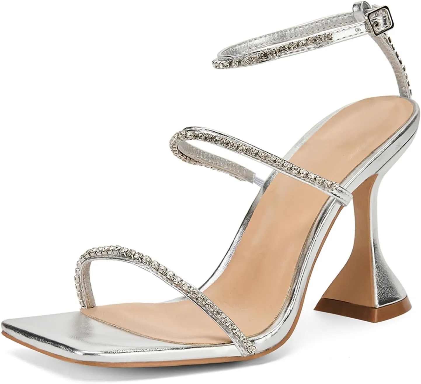 Women's Kitten Heel Rhinestone Sandals Lace Up Slingback Square Open Toe Heels Sparkling Sandals with Stiletto Buckle Strap for Dress Party Prom Wedding High Heeled Shoes Silver 9