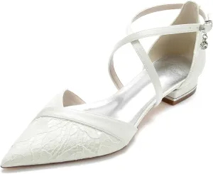 Women's Lace Flats Criss Cross Pointed Toe Wedding Bridal Shoes Prom Evening Dress Pumps Shoes