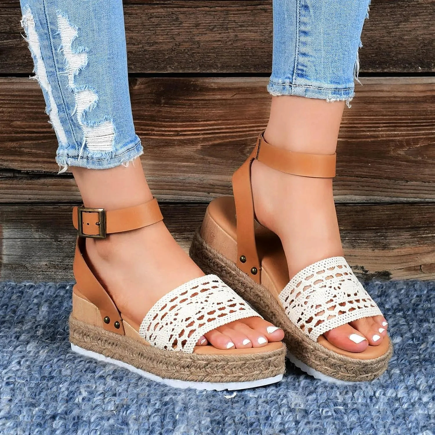 Women's Lace Wedge Sandals Summer Open Toe Ankle Strap Sandals Bohemian Espadrilles Platform Sandals (Brown, 6.5-7)