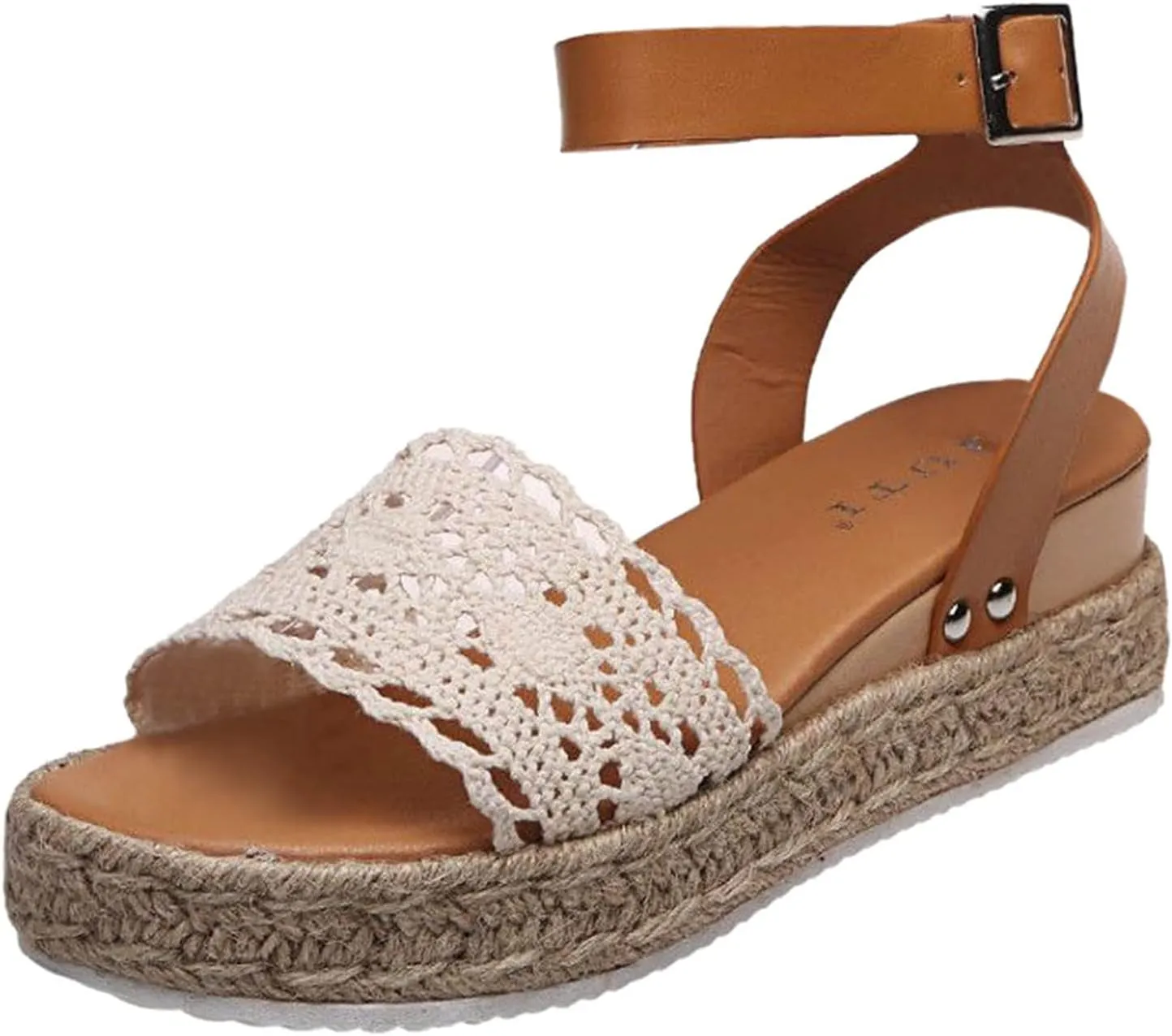 Women's Lace Wedge Sandals Summer Open Toe Ankle Strap Sandals Bohemian Espadrilles Platform Sandals (Brown, 6.5-7)