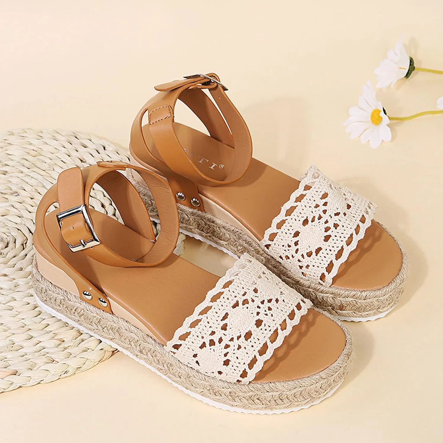 Women's Lace Wedge Sandals Summer Open Toe Ankle Strap Sandals Bohemian Espadrilles Platform Sandals (Brown, 6.5-7)