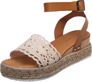 Women's Lace Wedge Sandals Summer Open Toe Ankle Strap Sandals Bohemian Espadrilles Platform Sandals (Brown, 6.5-7)