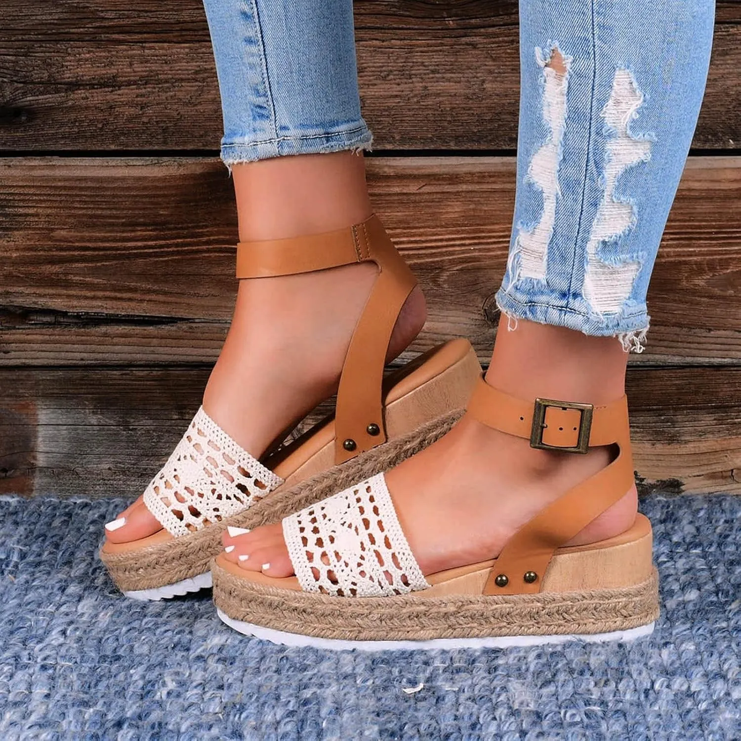 Women's Lace Wedge Sandals Summer Open Toe Ankle Strap Sandals Bohemian Espadrilles Platform Sandals (Brown, 6.5-7)