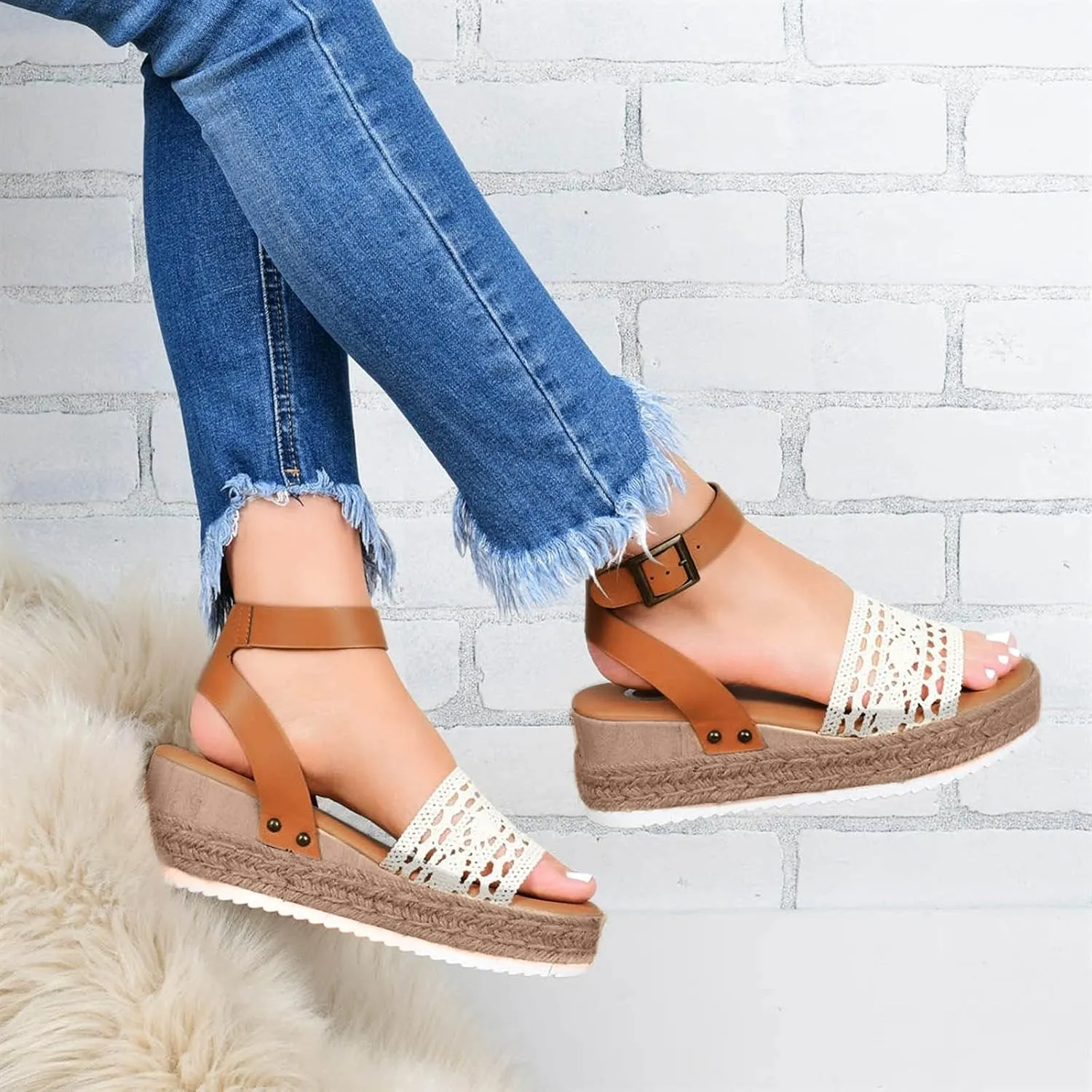 Women's Lace Wedge Sandals Summer Open Toe Ankle Strap Sandals Bohemian Espadrilles Platform Sandals (Brown, 6.5-7)