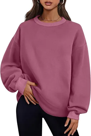 Womens Loose Fitting Sweatshirts Fleece Solid Color Hoodie Round-neck Long Sleeve Pullover Side Split Pocket Tops