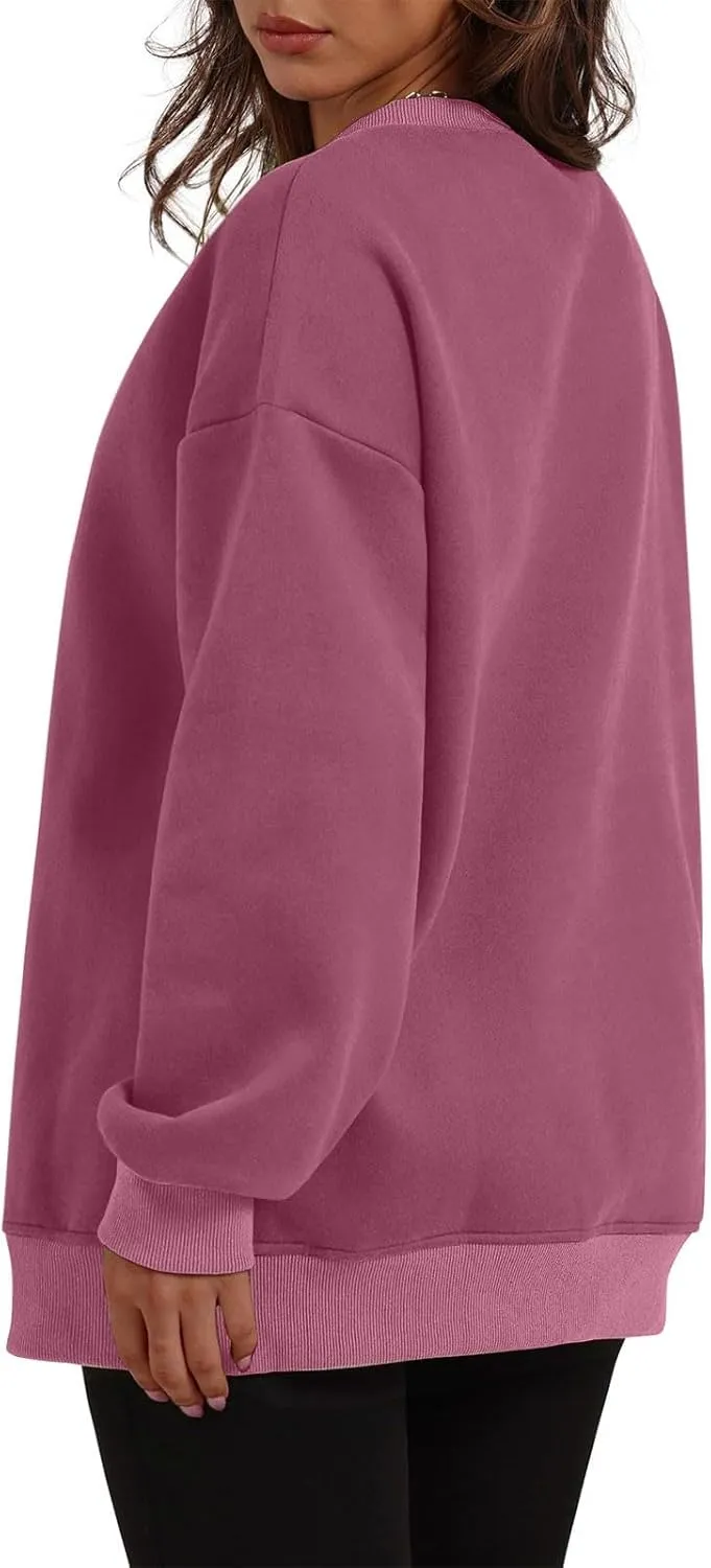 Womens Loose Fitting Sweatshirts Fleece Solid Color Hoodie Round-neck Long Sleeve Pullover Side Split Pocket Tops