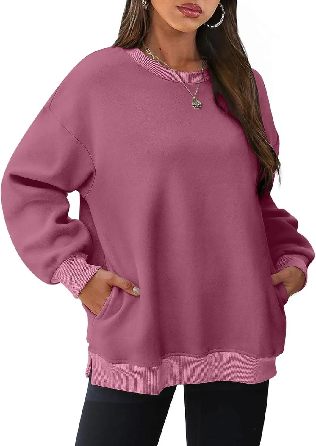 Womens Loose Fitting Sweatshirts Fleece Solid Color Hoodie Round-neck Long Sleeve Pullover Side Split Pocket Tops