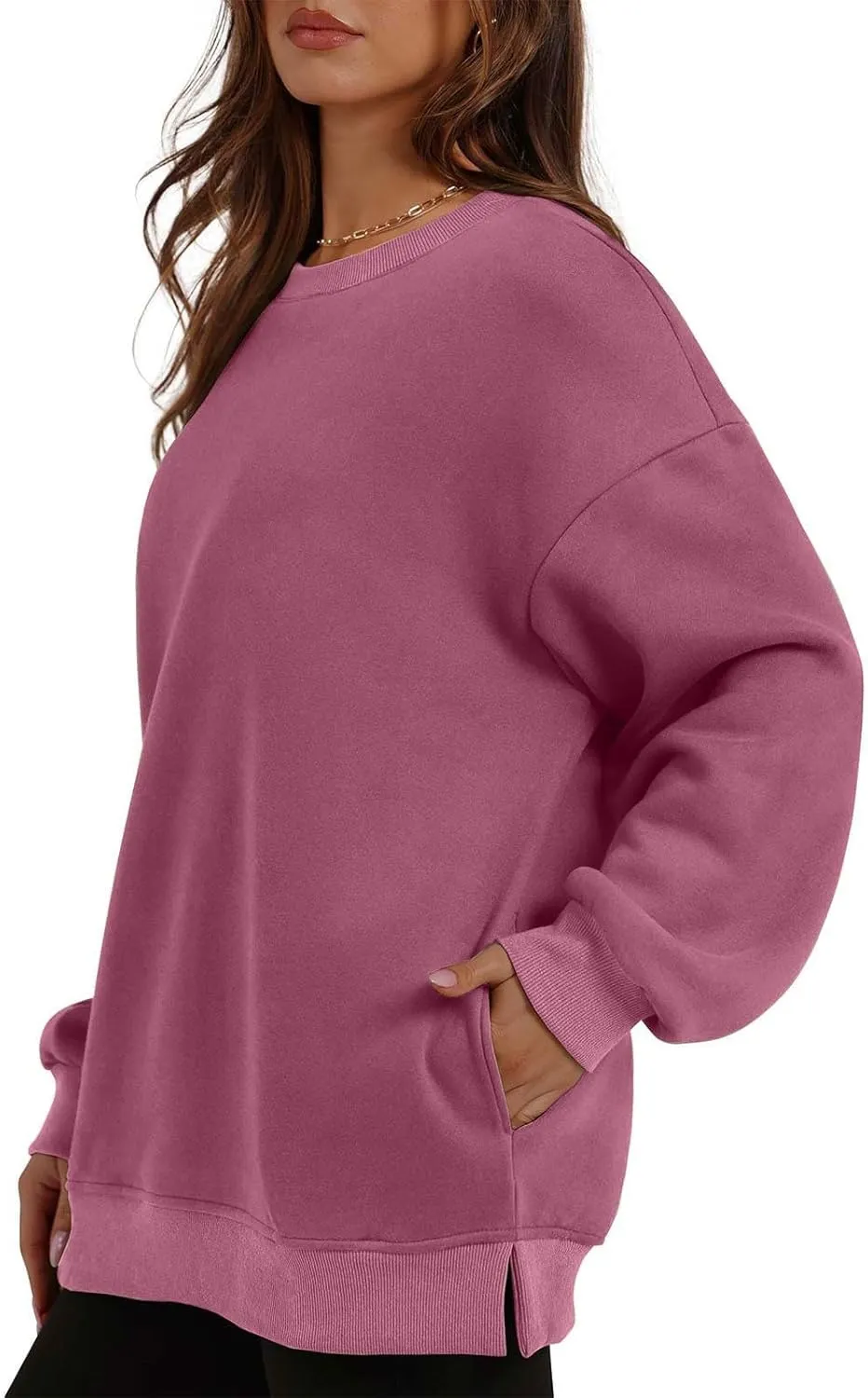 Womens Loose Fitting Sweatshirts Fleece Solid Color Hoodie Round-neck Long Sleeve Pullover Side Split Pocket Tops