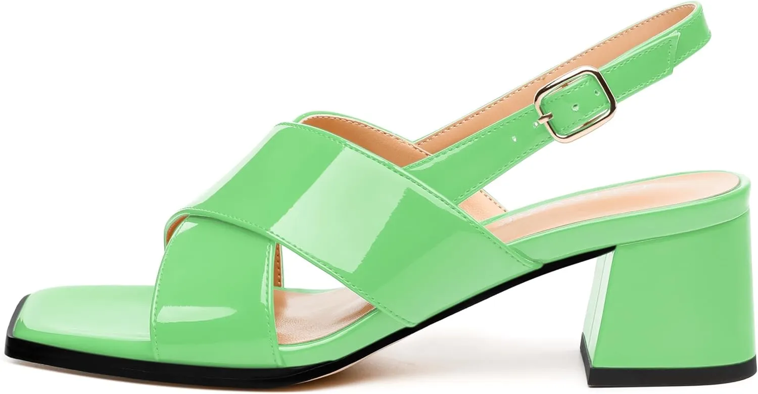 Women's Low Chunky Heel Sandals, Square Toe Slingback with Adjustable Buckle, Solid Color Heels for Weddings, Parties and Daily Wear, Fashion Sandals for Women